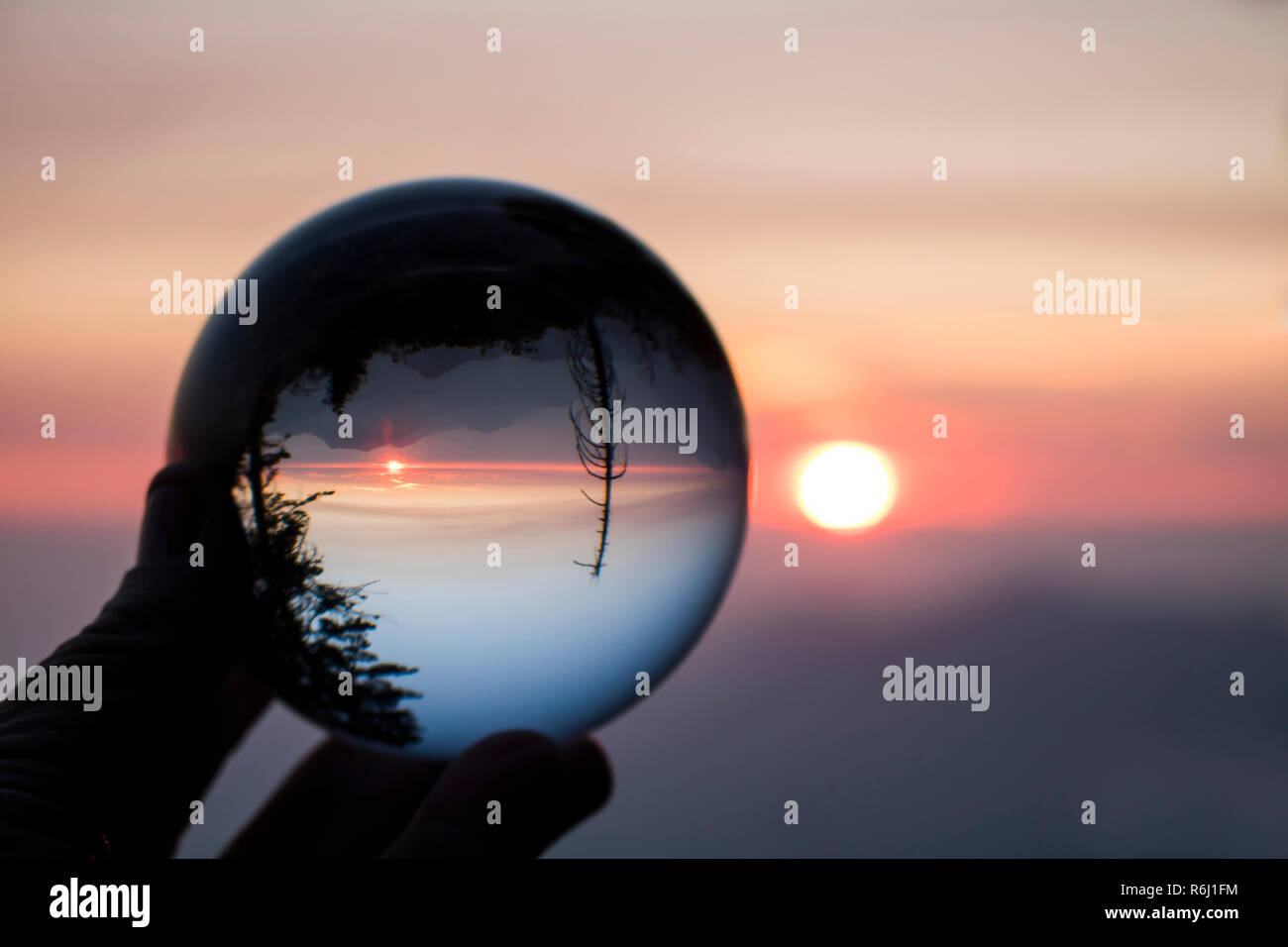 Sonnenuntergang über der kalifornischen Sierra Nevada mit Sun und Grate am Horizont und Bäume im Silhouette. In Glas Globus Reflexion erfasst. Stockfoto
