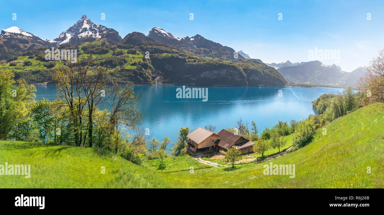 Alpensee mit Berge und die Feder an. Stockfoto