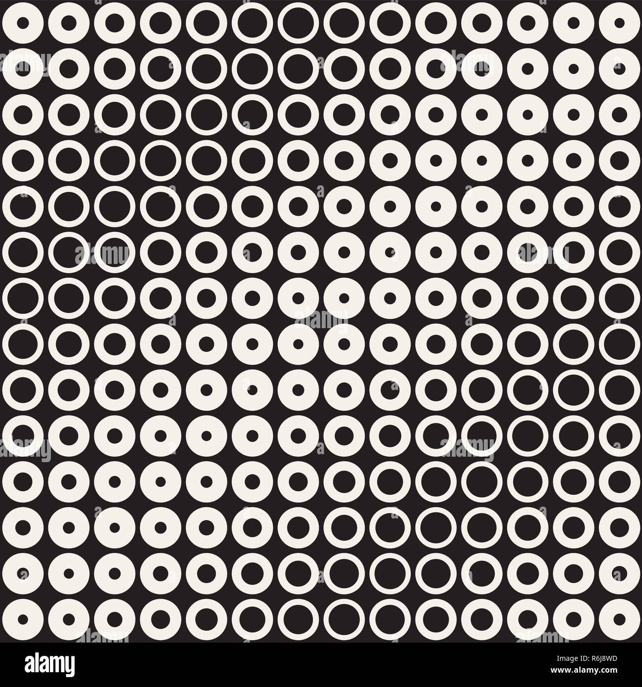 Halbton Kreise Vektor nahtlose Muster. Geometrisch-abstrakte Textur mit Größe Abstufung der Ringe. Gradient Übergangseffekt Hintergrund Stockfoto