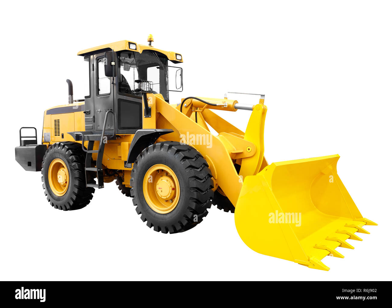 Modernes gelbes Radlader Planierraupe Bagger Baumaschinen auf weißem Hintergrund Stockfoto