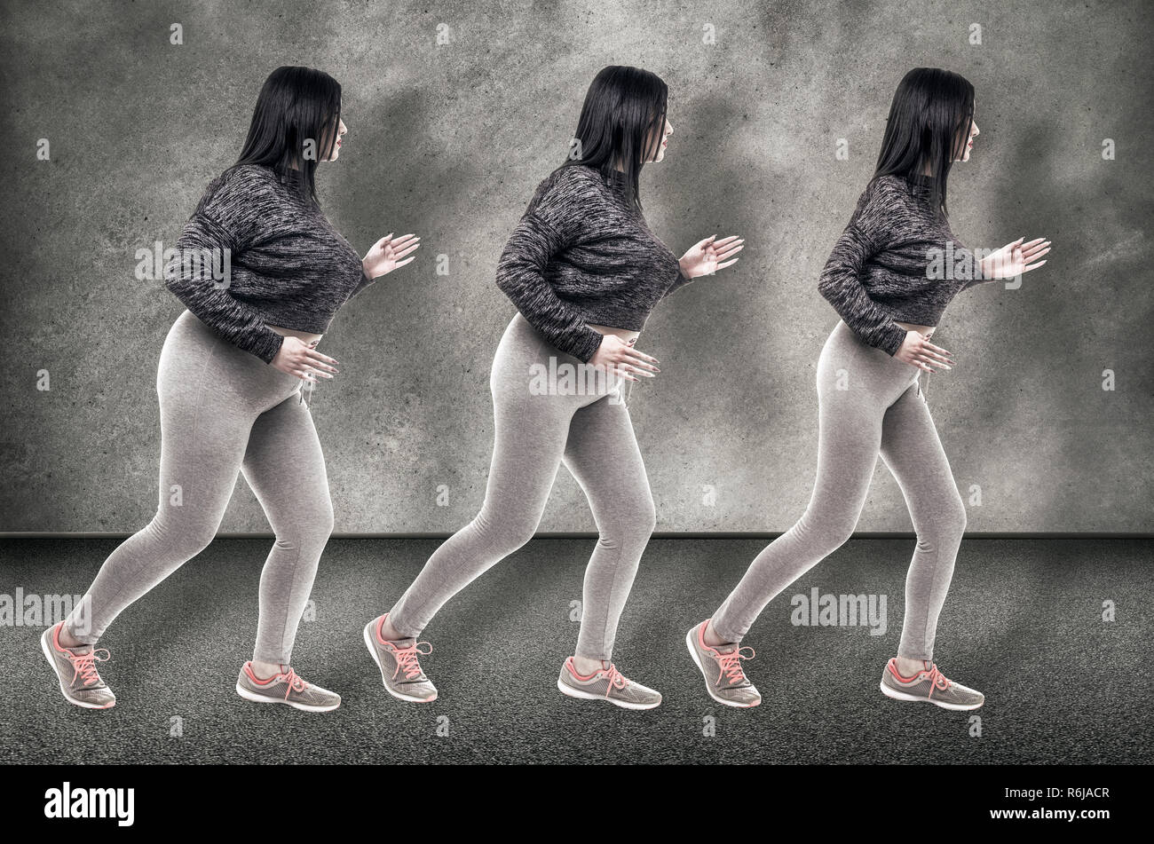 Transformation. Junge dicke Frau zu laufen, um ihren schlanken Körper. Wahl Ernährung Richtige Ernährung gesunder Lebensstil Konzept Stockfoto