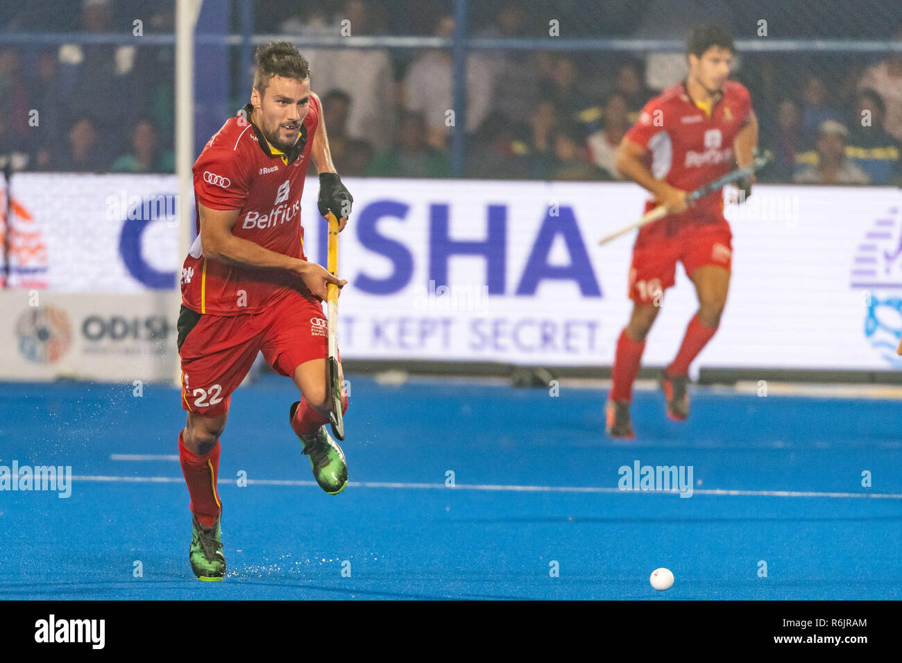 BHUBANESWAR, 02-12-2018, odisha's Hockey Männer Wm Bhubaneswar 2018. Veranstaltungsort: Kalinga Stadion. Simon Gougnard während des Spiels Indien Belgien vs. Stockfoto