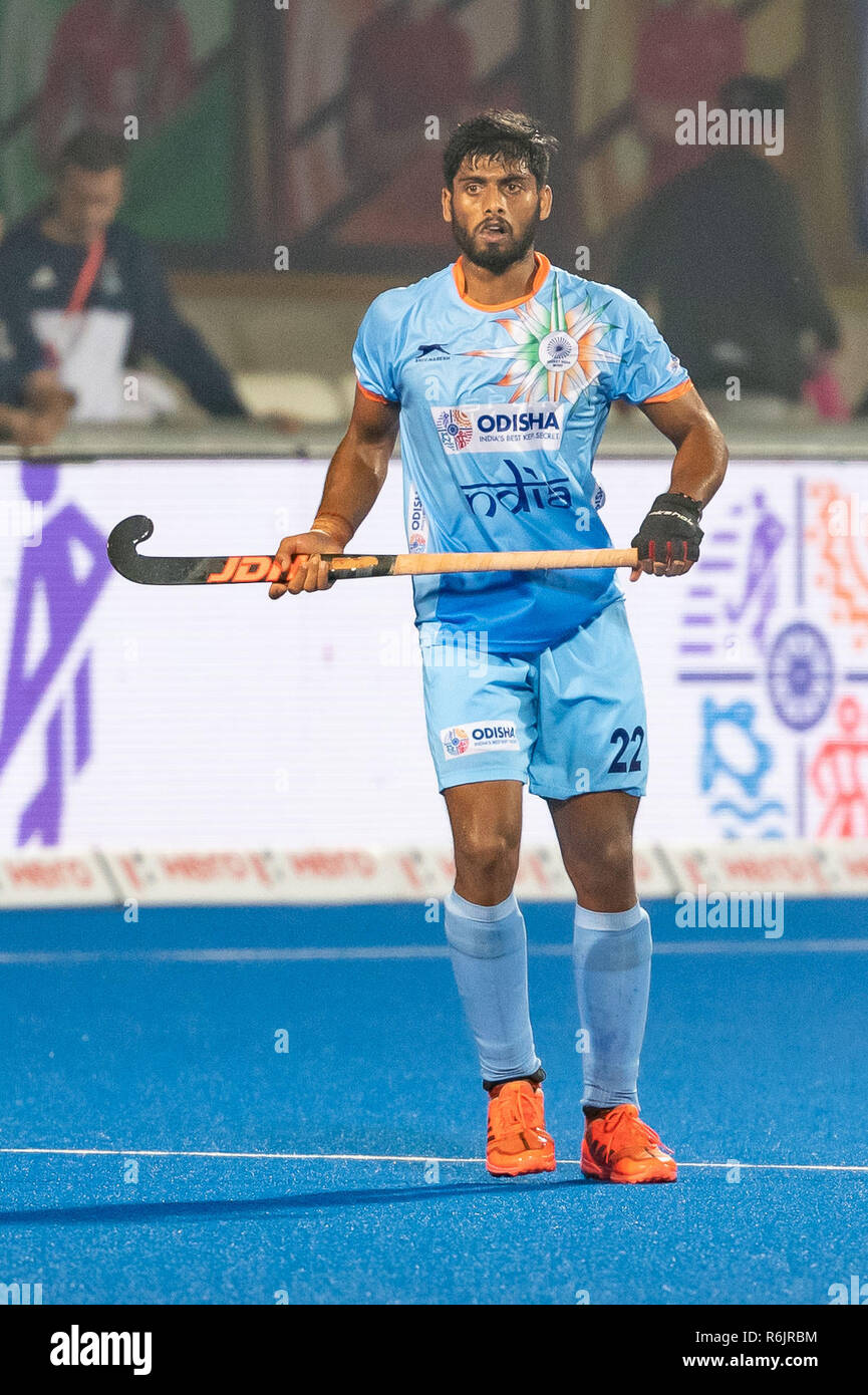 BHUBANESWAR, 02-12-2018, odisha's Hockey Männer Wm Bhubaneswar 2018. Veranstaltungsort: Kalinga Stadion. Varun Kumar während des Spiels Indien Belgien vs. Stockfoto