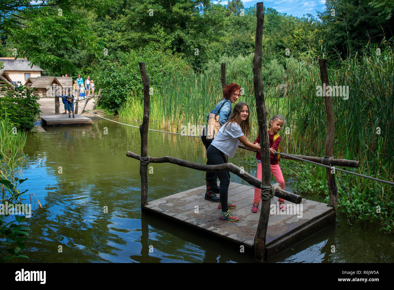 Über einem Teich auf einem holzfloß im Zoo Planckendael Mechelen, Belgien Stockfoto
