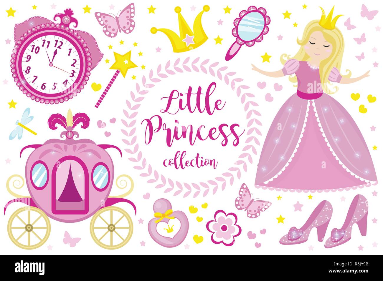 Kleine Prinzessin niedliche rosa stellen Sie die Objekte, Icons Cartoon Stil. Hübsches Mädchen in schönen Kleid mit einer Krone, Schlitten, Spiegel, Parfüm Kollektion. Auf weissem Hintergrund. Vector Illustration. Stock Vektor