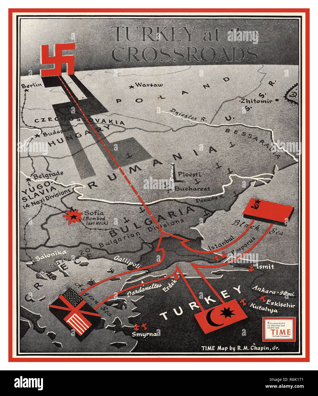 Vintage WW2 1943 Presse Artikel "Türkei an der Kreuzung', mit roten Swastika werfen Schatten über Osteuropa, im Time Magazine DEZ 20 1943 der Türkei veröffentlicht neutral geblieben, bis die Endphase des Zweiten Weltkriegs und versucht, einen gleichen Abstand zwischen der Achse und der Alliierten bis Februar 1945, als die Türkei den Krieg auf der Seite der Alliierten gegen Deutschland und Japan eingetragen zu erhalten. Stockfoto