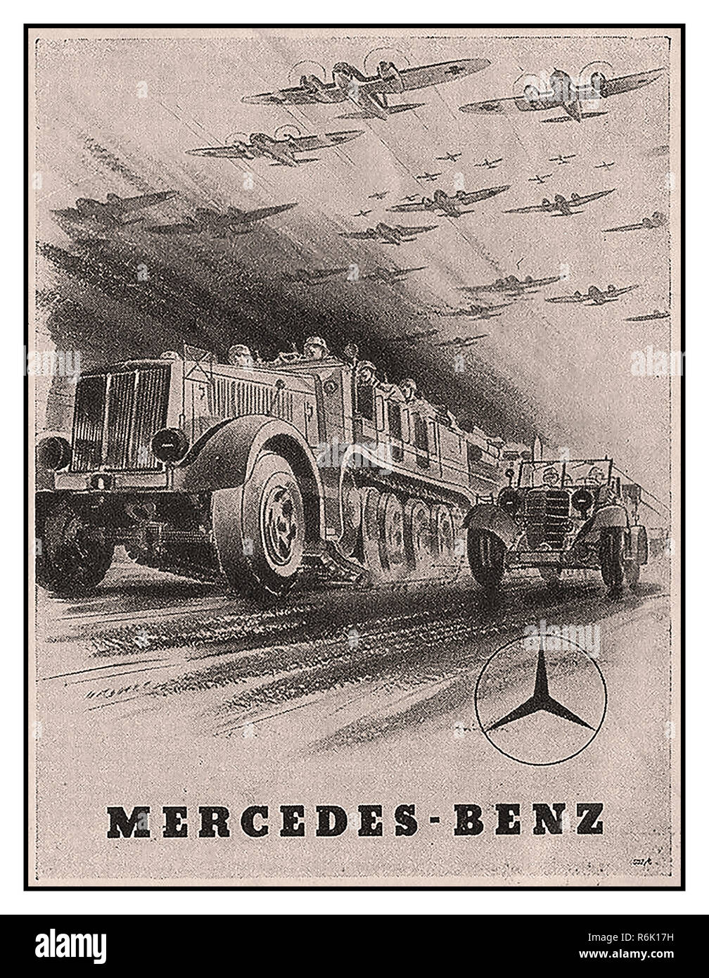 MERCEDES WORLD WAR II INDUSTRIAL PRODUCTION Vintage WW2 Plakat für Mercedes-Benz während der Nazi-Deutschland-Invasion.Hauptstütze der Panzerwaffe war die Panzerdivision. Diese bestanden aus einer panzerbrigade (zwei Panzerregimenter) und zwei motorisierten oder mechanisierten Infanterieregimenten. Alle Kräfte einer Panzerdivision waren mobil. Stockfoto
