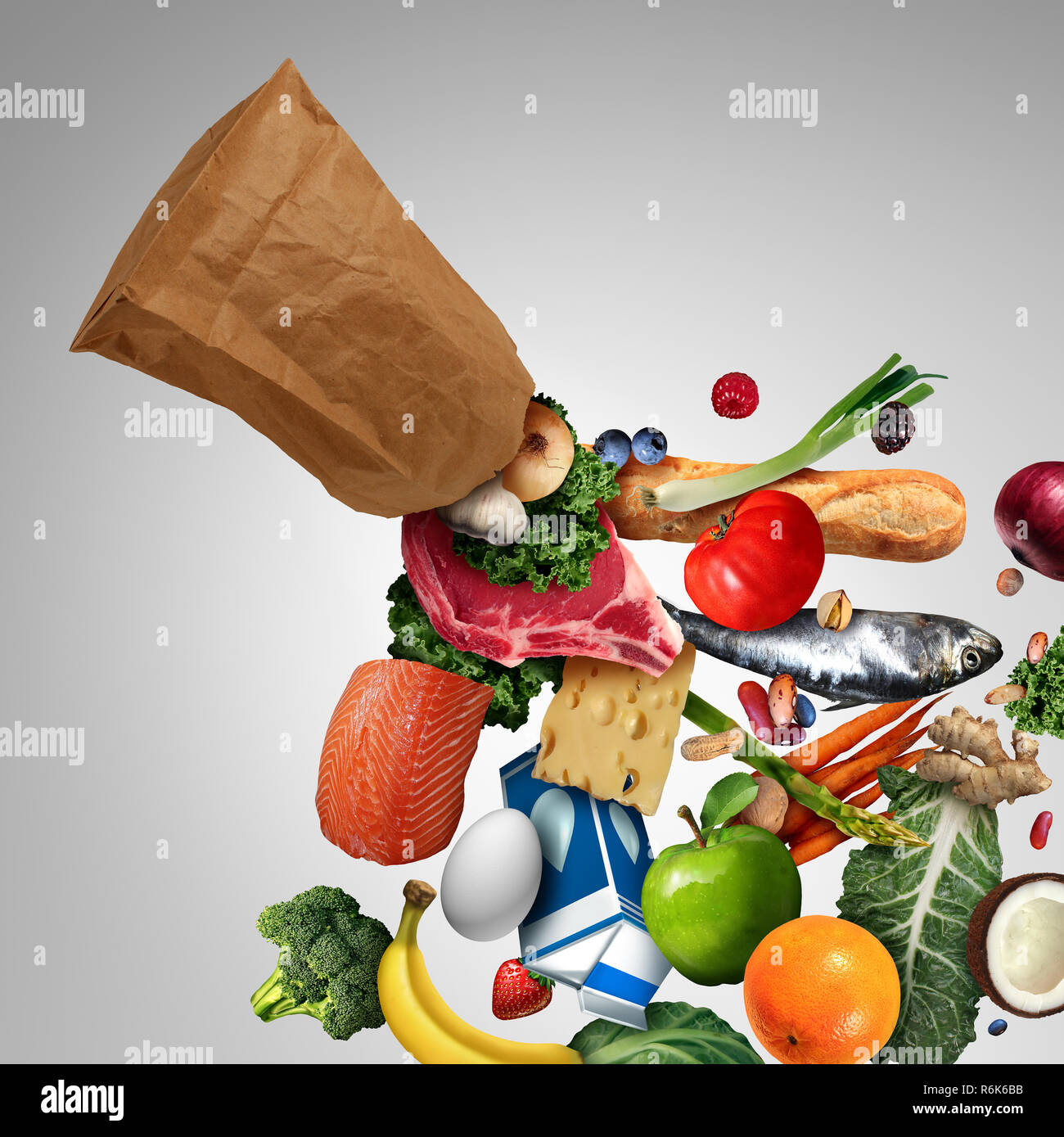 Lebensmittelgeschäft Tasche mit Supermarkt Lebensmittel mit Milch, Eier, Käse, Fleisch, Brot, Fisch, Gemüse und Obst als Symbol für frische Lebensmittel der Verbraucher. Stockfoto