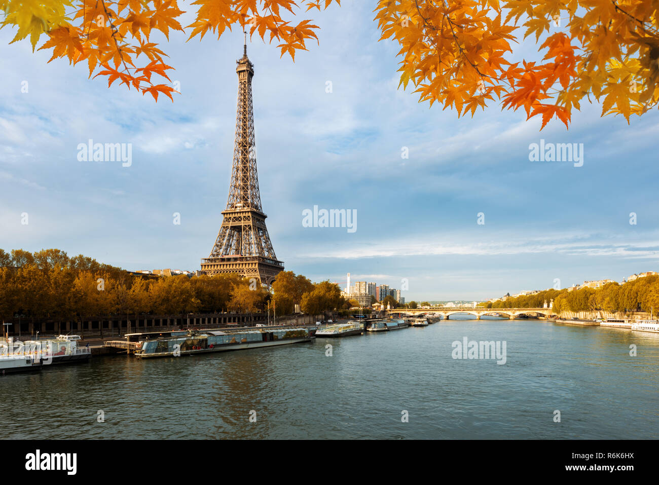 Seine in Paris mit dem Eiffelturm im Herbst Saison in Paris, Frankreich. Stockfoto
