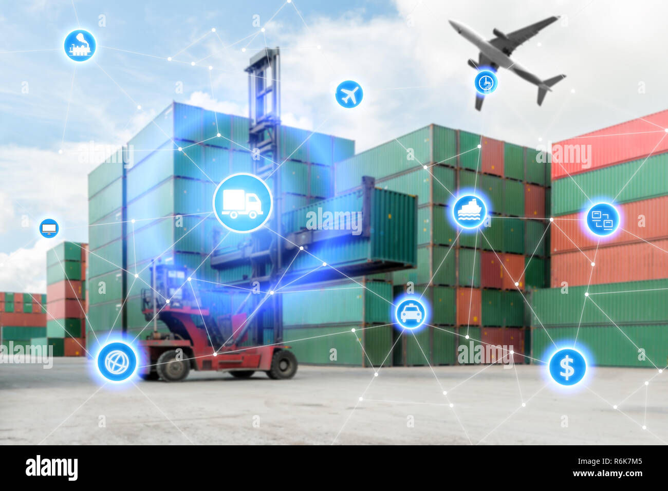 Globales Geschäft Technologie Schnittstelle globaler Partner Verbindung der Container Cargo LKW Logistik Import export Hintergrund. Busi Stockfoto