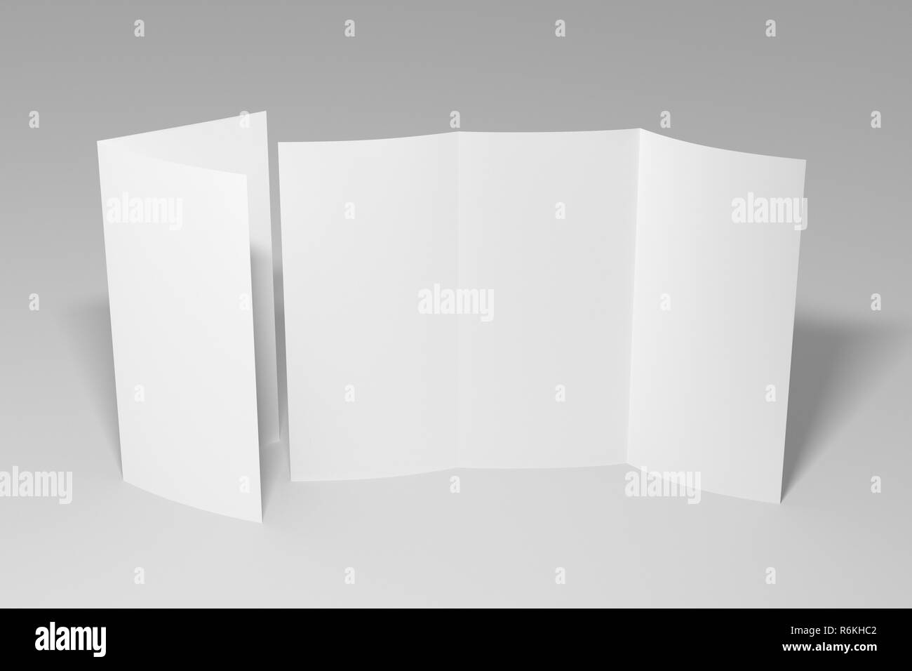 Leer Etui Broschüre A4-Broschüre auf weißem Hintergrund mit Freistellungspfaden. Ein- und ausgeklappt. 3D-Darstellung Stockfoto