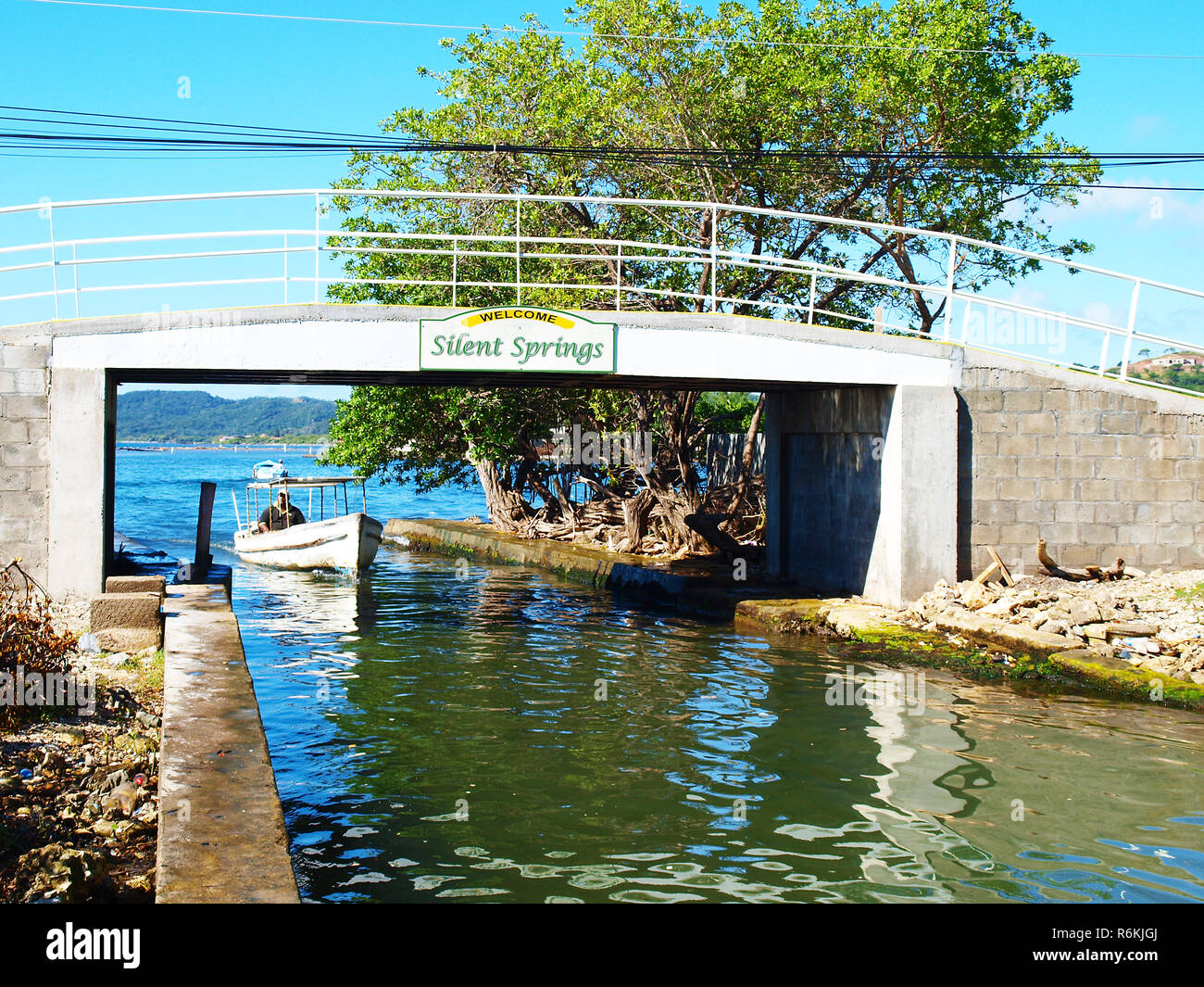 Boot vorbei unter Brücke in Oak Ridge, Roatan, Honduras Stockfoto