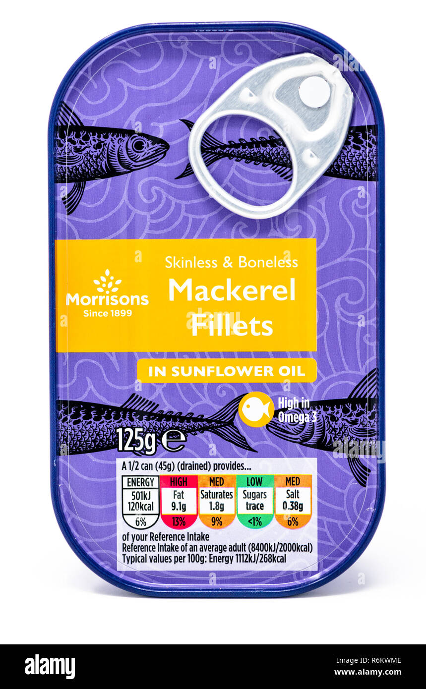 Morrisons Makrelen in Sonnenblumenöl in einem ringpull Zinn enthalten. Stockfoto