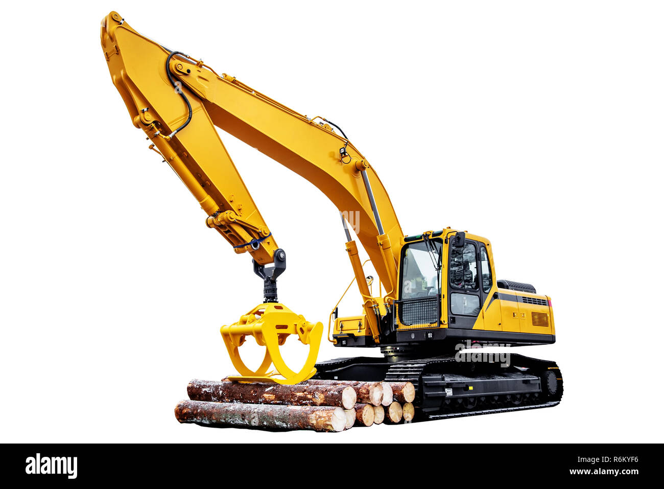 Timber loader mit Logs auf weißem Hintergrund Stockfoto