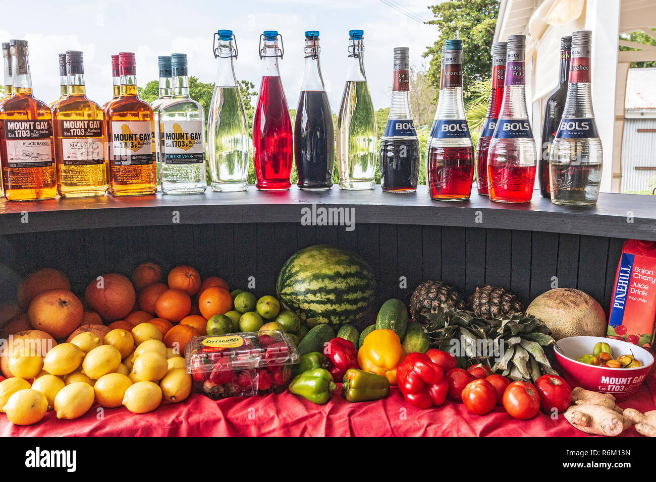 Rum, Liköre, Aromen und sortierte Obst, Gemüse und Gewürze für Rum cocktail Wettbewerb am Mount Gay Rum Distillery in Bridgetown, Barbados gesetzt Stockfoto