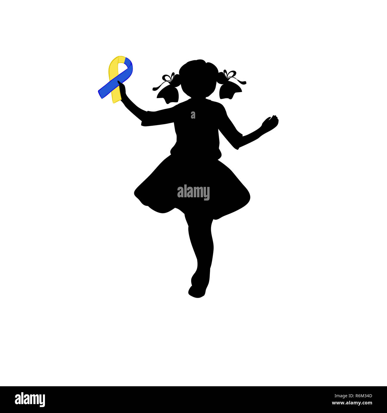 Silhouette Mädchen mit gelben Blue Ribbon. Welt Down-syndrom Tag Stockfoto
