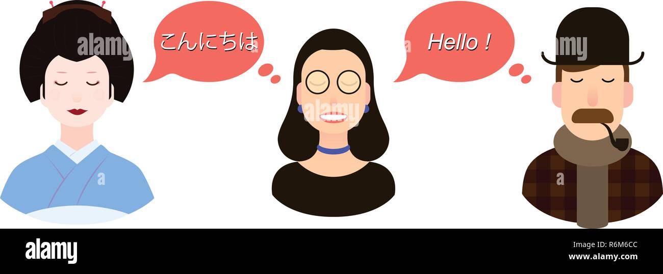 Internationale Kommunikation Übersetzung Konzept Abbildung. Touristen oder Geschäftsleute oder Politiker aus Japan und England durch ein Mädchen Geishas maiko Übersetzer kommunizieren. Stock Vektor