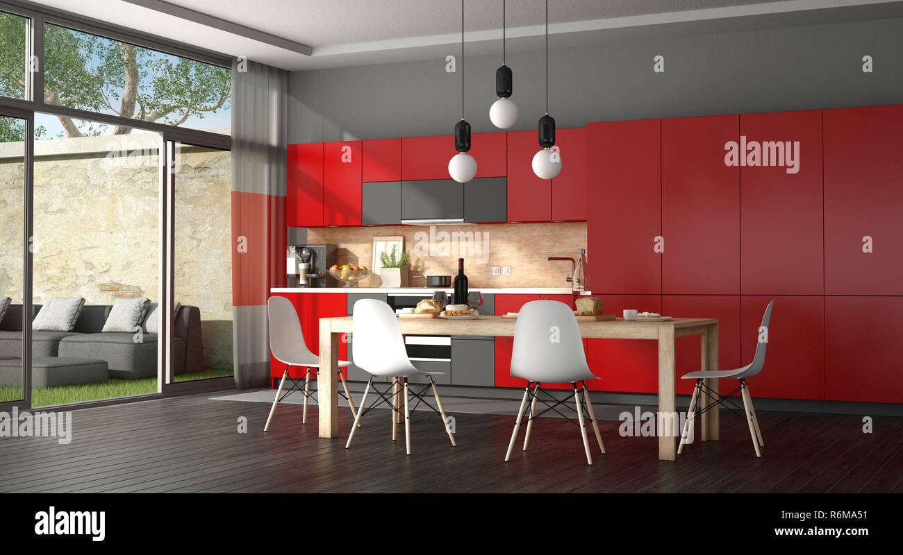 Schwarze und rote moderne Küche Stockfoto