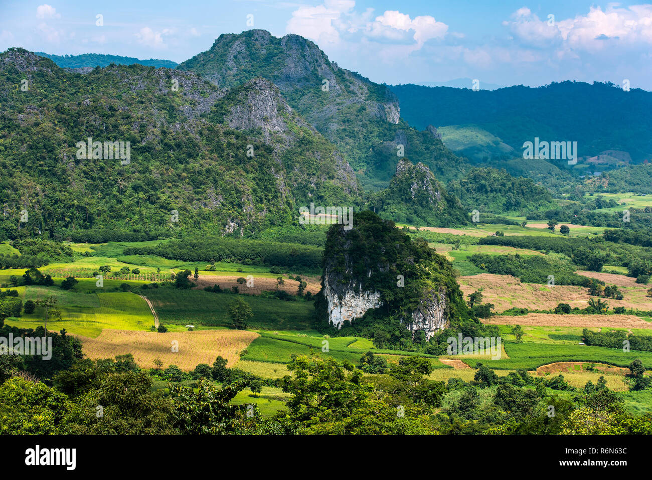 Die schöne Landschaft des Tals in Phu Lanka, kleinen Trail, Wanderung root, majestätischen malerischen Blick in den sonnigen Tag Stockfoto