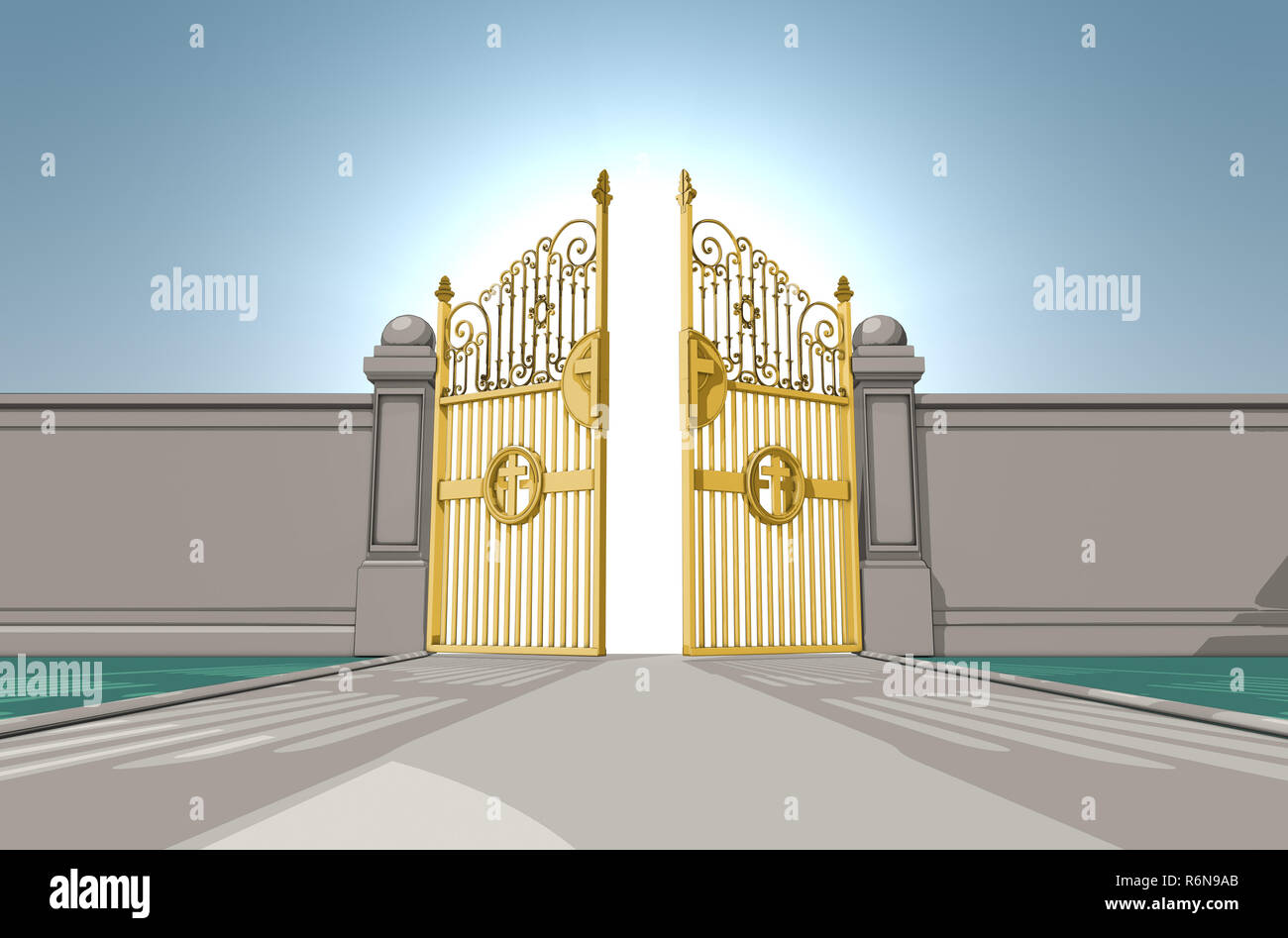 Eine bebilderte Darstellung der Goldenen pearly Gates des Himmels öffnen auf einem blauen Himmel Hintergrund - 3D-Rendering Stockfoto
