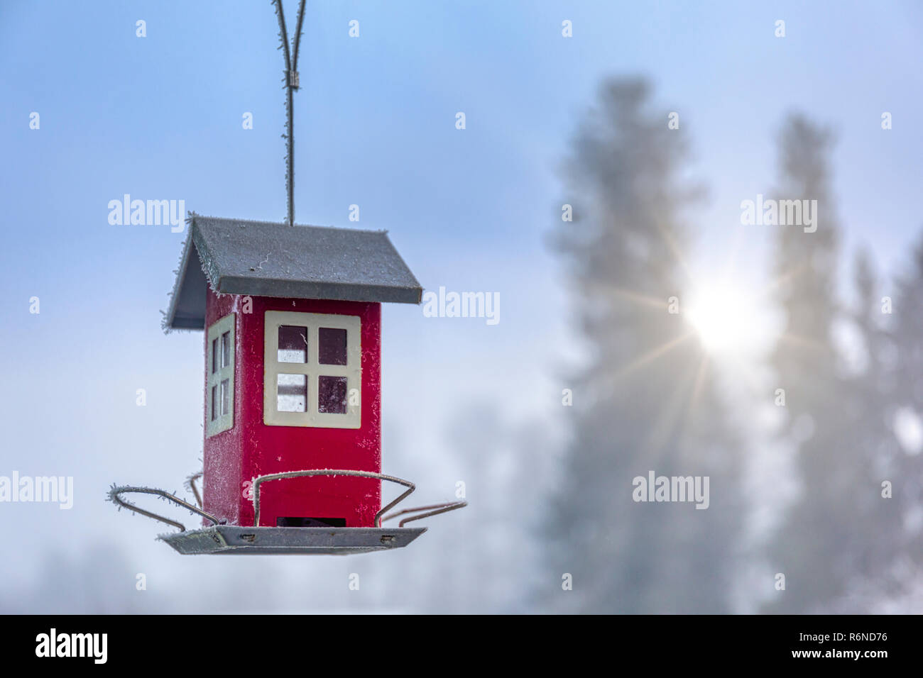 Auch, Schweden - 27 November 2018: Kleine rote typisch schwedischen Stil Vogelhaus Schrägförderer gegen schöne unscharf Winter Hintergrund Stockfoto