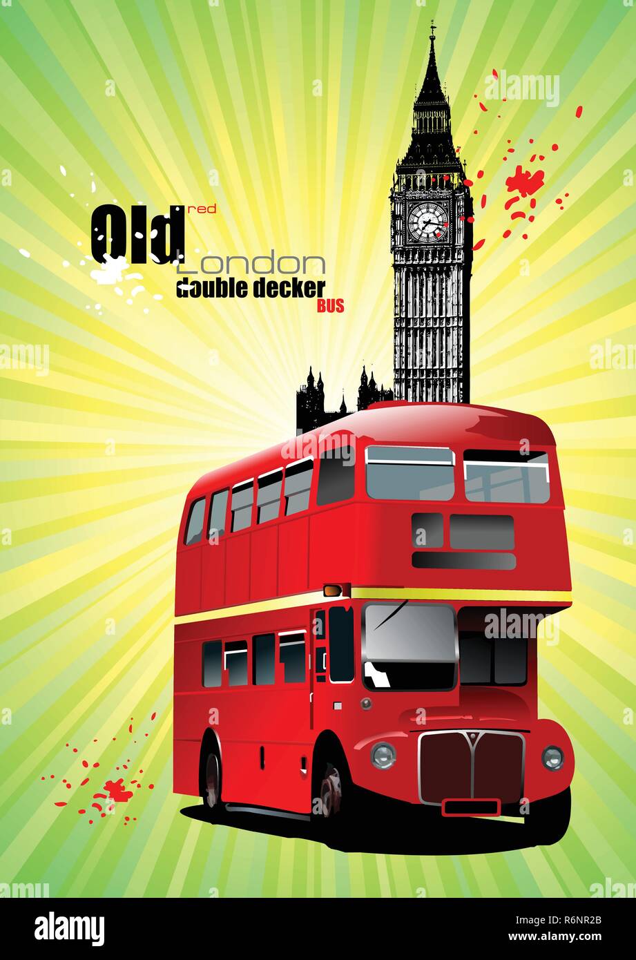 Poster mit alten roten Londoner Doppeldeckerbus. Vector Illustration Stock Vektor