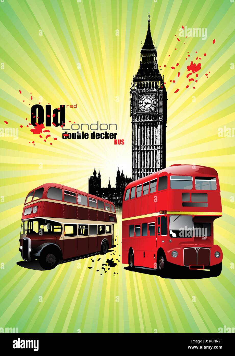 Poster mit zwei alten roten Londoner Doppeldecker. Vector Illustration Stock Vektor