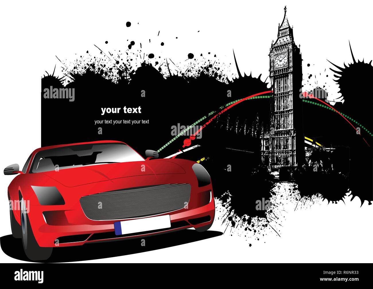 Grunge London Bilder mit roten Auto Bild. Vector Illustration Stock Vektor