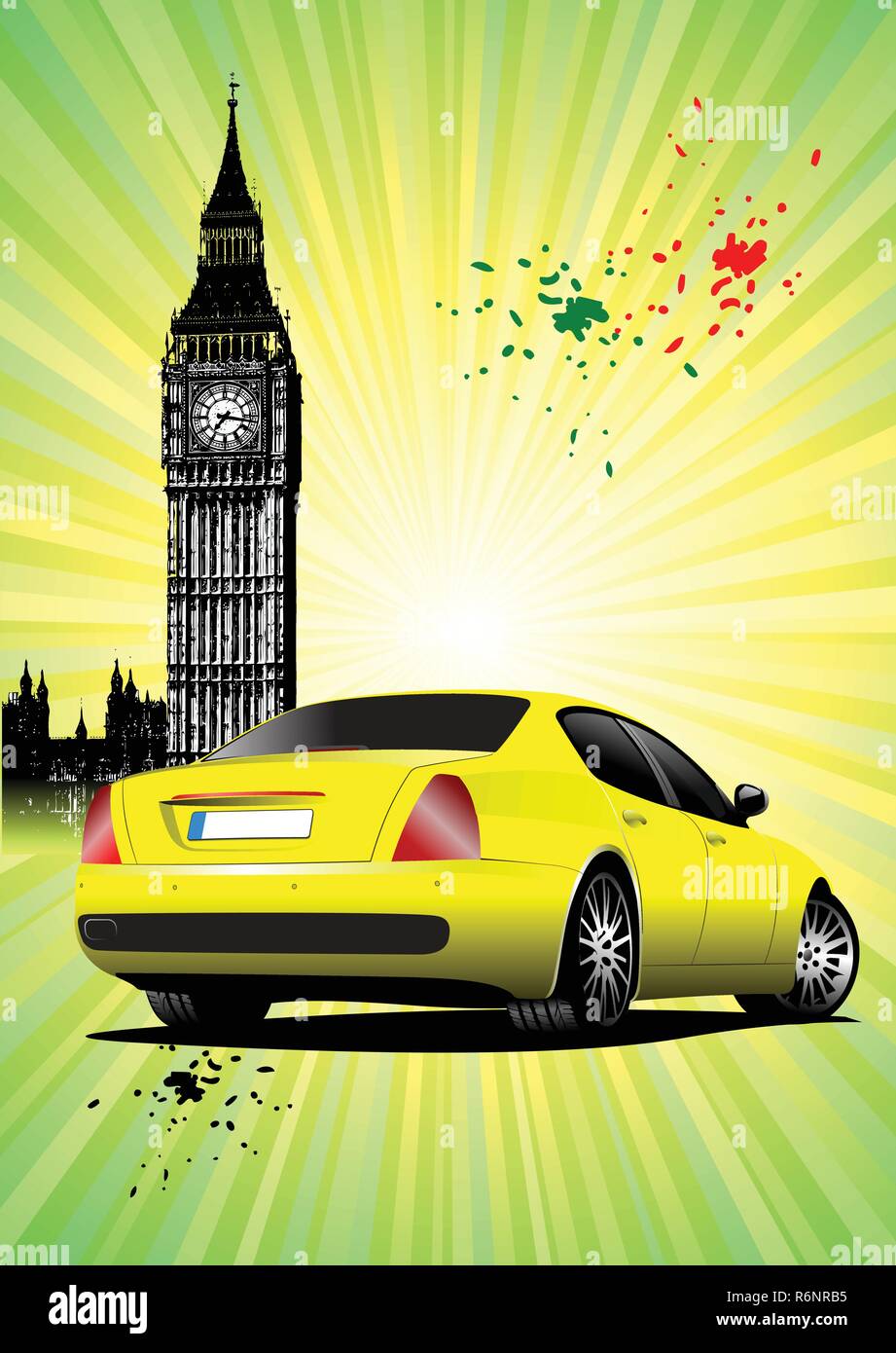 London Poster mit gelben Auto Bild. Vector Illustration Stock Vektor