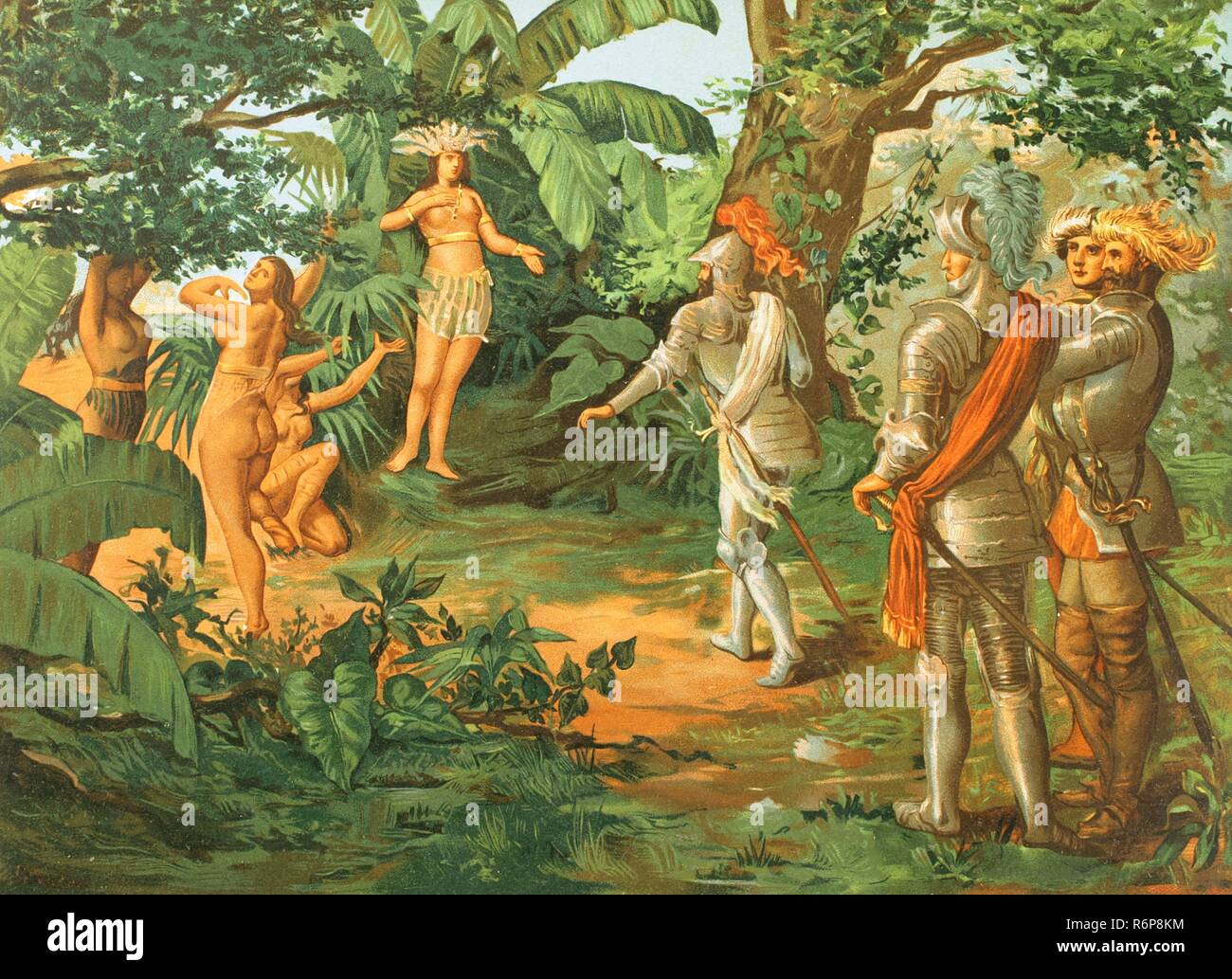 Entdeckung von Amerika, 1492. Insel Bohio (Hispaniola). Den Taino leader Anacaona, sogenannte "Goldene Blume" (1474-1503), begrüßte die Spanier. Chromolithography. La Civilizacion (der Zivilisation), Band III, 1882. Stockfoto