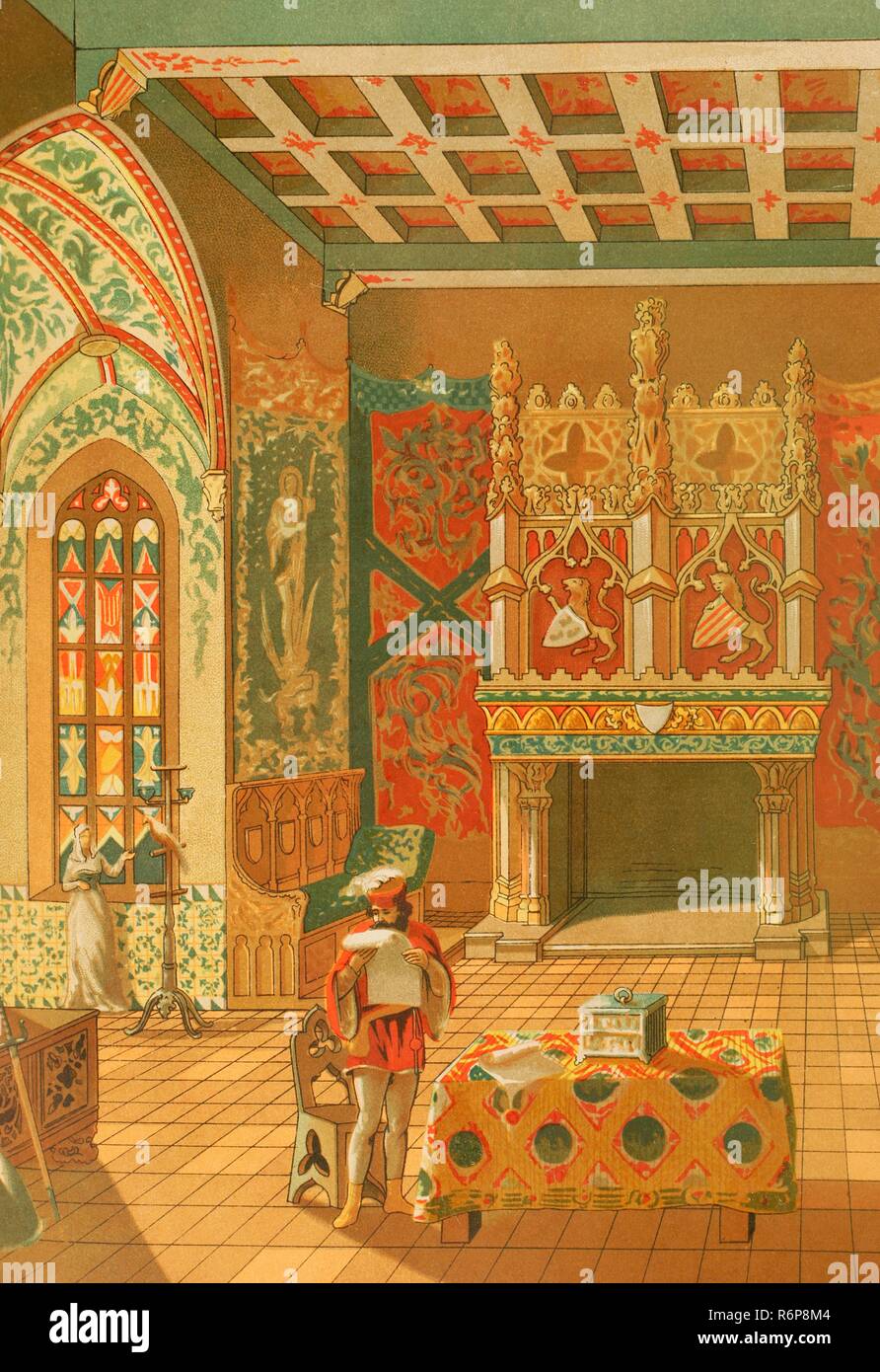 Europa. Mittelalter. Der feudalen Gesellschaft (9.-15. Jahrhundert). Halle einer feudalen Burg. Chromolithography. La Civilizacion (der Zivilisation), Band III, 1882. Stockfoto