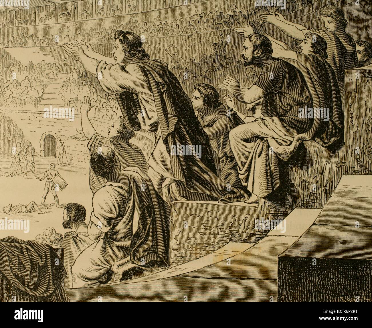 Römische Reich. Zuschauer während eines Gladiator kämpfen. Gravur. La Civilizacion (der Zivilisation), Band II, 1881. Stockfoto