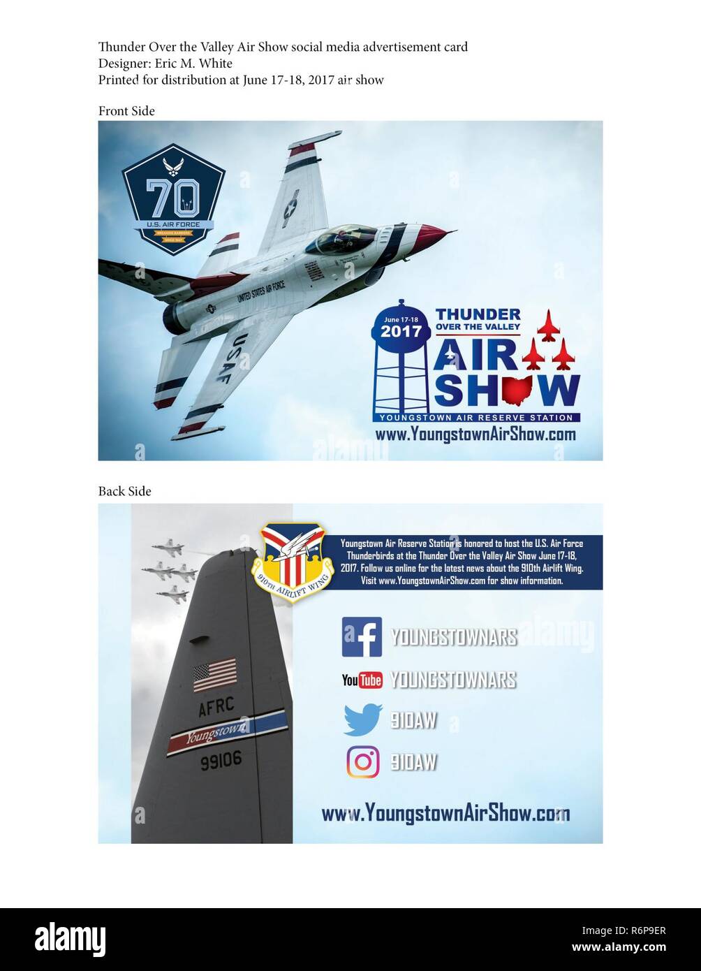 Youngstown Luft finden Station bewirtete die Thunder 2017 über das Tal Air Show Juni 17./18. Diese Karte wurde entwickelt, um das als Werbung vor der Show, aber auch für die Air Show die Gäste nach der Flügel in den Sozialen Medien fördern. Stockfoto