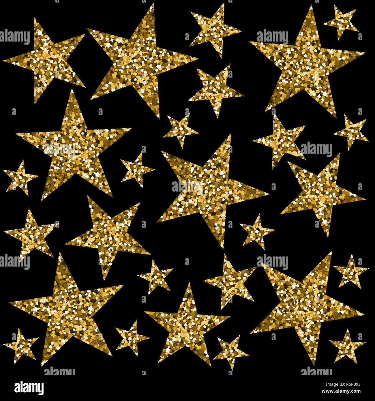 Goldene Sterne. Schwarzer Hintergrund. Vektorabbildung. Die Textur des Glitzers. Stock Vektor