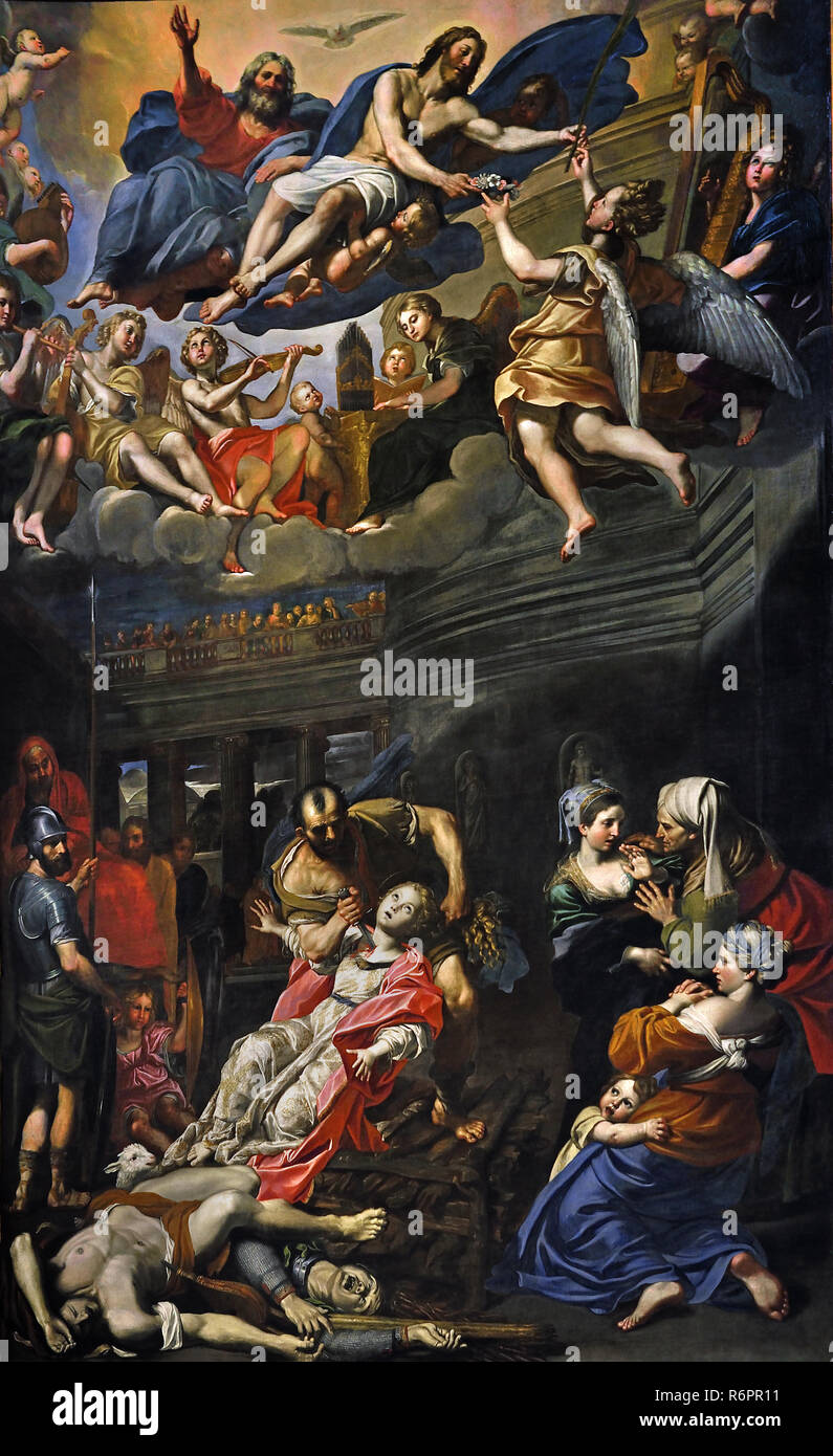 Das Martyrium der Hl. Agnes von Domenico Zampieri sagte, die Panizza 1581-1641 (der sehr jungen Märtyrer beschrieben wird, stirbt sie in der Kehle auf Befehl des Aspasio durchbohrt, Vikar des Präfekten, dessen Sohn abgelehnt worden war, die von Agnese bereits auf die Keuschheit gewidmet.) aus dem 17. Jahrhundert, Italien, Italienisch. Stockfoto