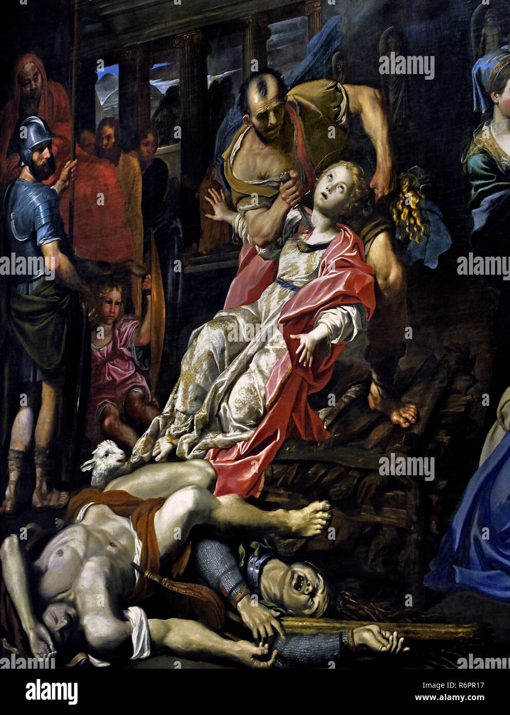 Das Martyrium der Hl. Agnes von Domenico Zampieri sagte, die Panizza 1581-1641 (der sehr jungen Märtyrer beschrieben wird, stirbt sie in der Kehle auf Befehl des Aspasio durchbohrt, Vikar des Präfekten, dessen Sohn abgelehnt worden war, die von Agnese bereits auf die Keuschheit gewidmet.) aus dem 17. Jahrhundert, Italien, Italienisch. Stockfoto
