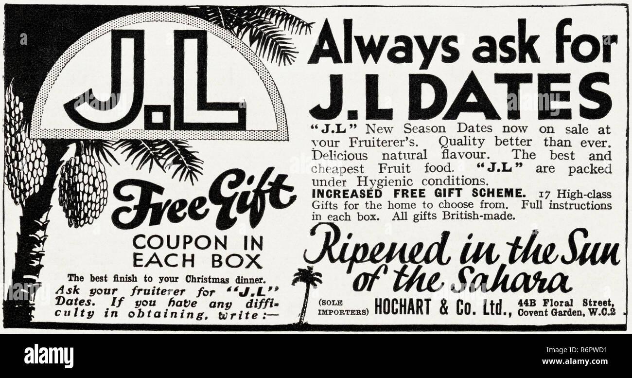 Original 30er Vintage alte drucken Werbung von 30 s englische Magazin Werbung JL Termine ca. 1932 Stockfoto