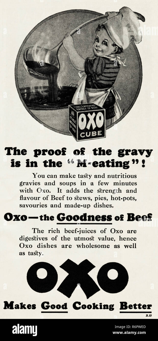 Original 30er Vintage alte drucken Werbung von 30 s englische Magazin Werbung Oxo Cubes für Rindfleisch kochen ca. 1932 Stockfoto