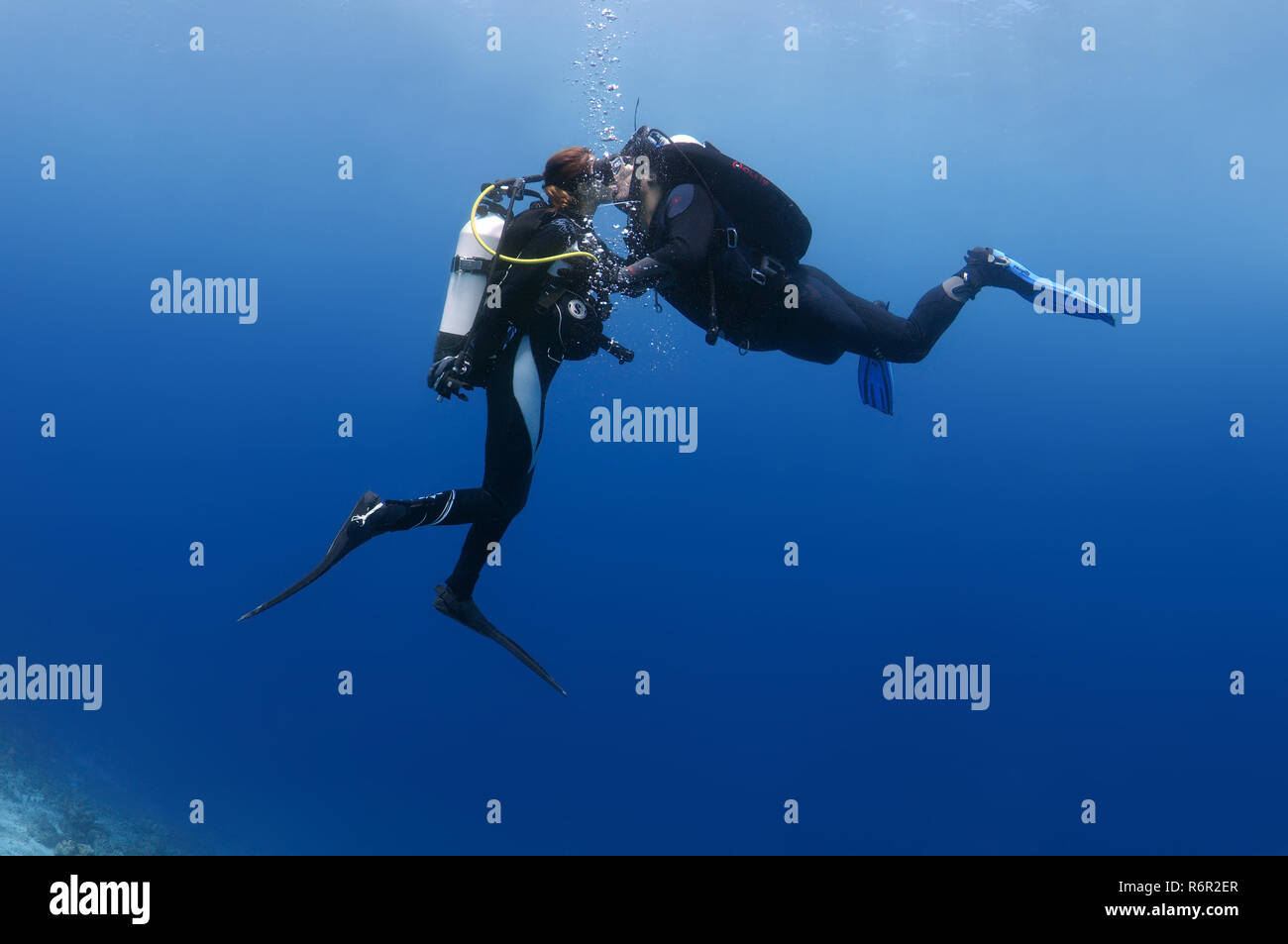 Junges Paar küssen Taucher unterwasser, Indischer Ozean, Malediven Stockfoto
