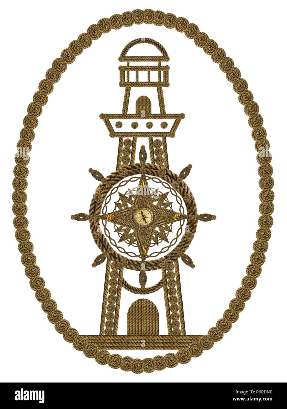 Kompass Anker Lenkrad und Leuchtturm Stockfoto