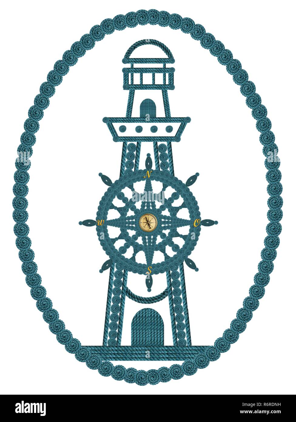 Kompass Anker Lenkrad und Leuchtturm Stockfoto