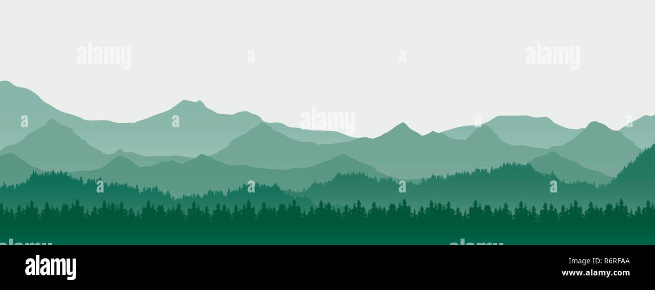 Realistische Darstellung der Landschaft mit Hügel und Wald mit Nadelbäumen, unter dem grünen Frühling Himmel mit Platz für Text-Vektor Stock Vektor