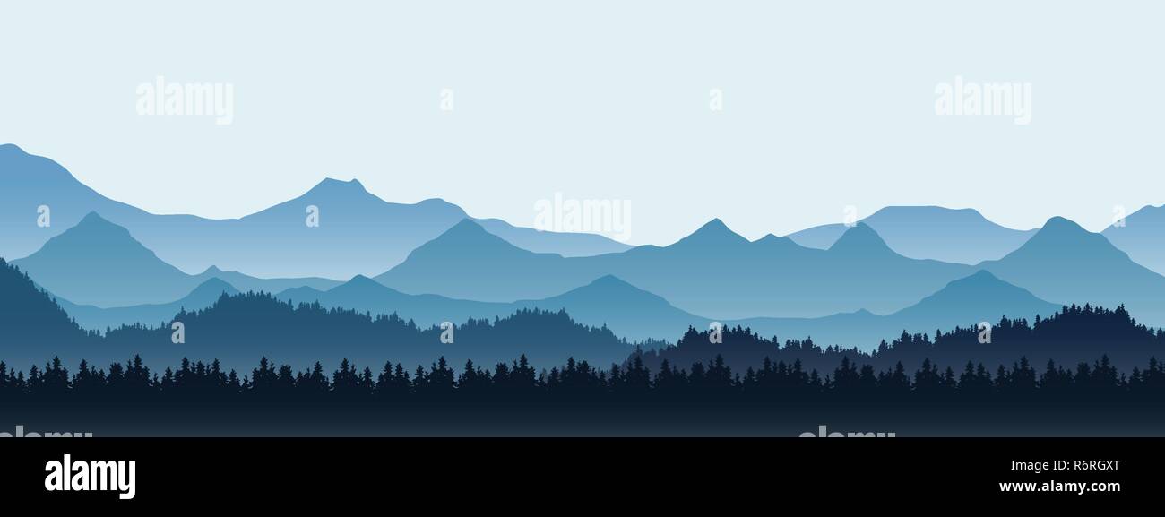 Realistische Darstellung der Landschaft mit Hügel und Wald mit Nadelbäumen, unter blauem Himmel mit Platz für Text-Vektor Stock Vektor