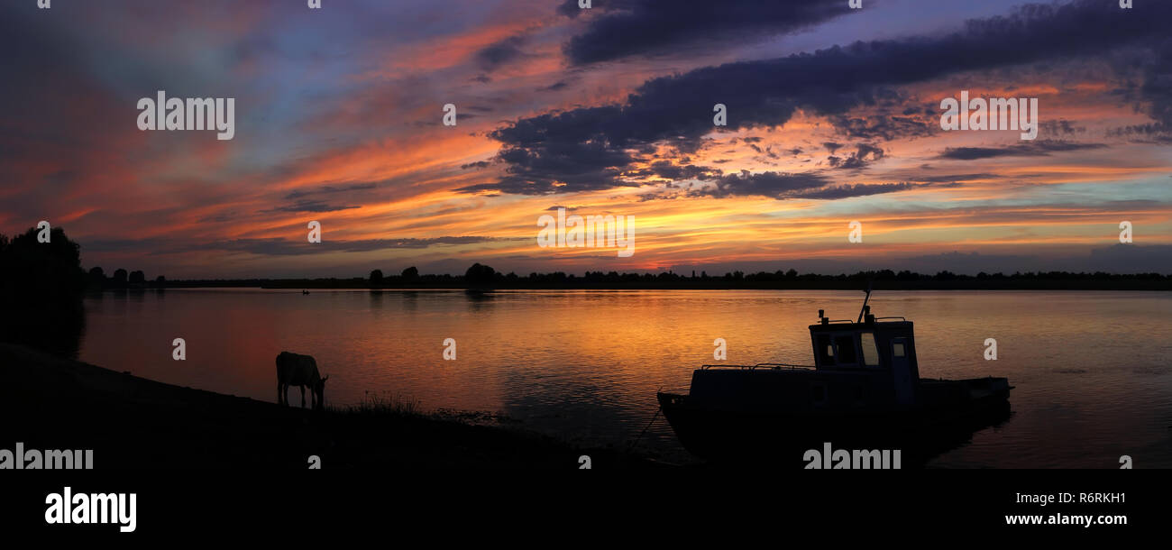 Sonnenuntergang auf dem Fluss mit Silhouetten der Boote und Kühe auf der Bank Stockfoto