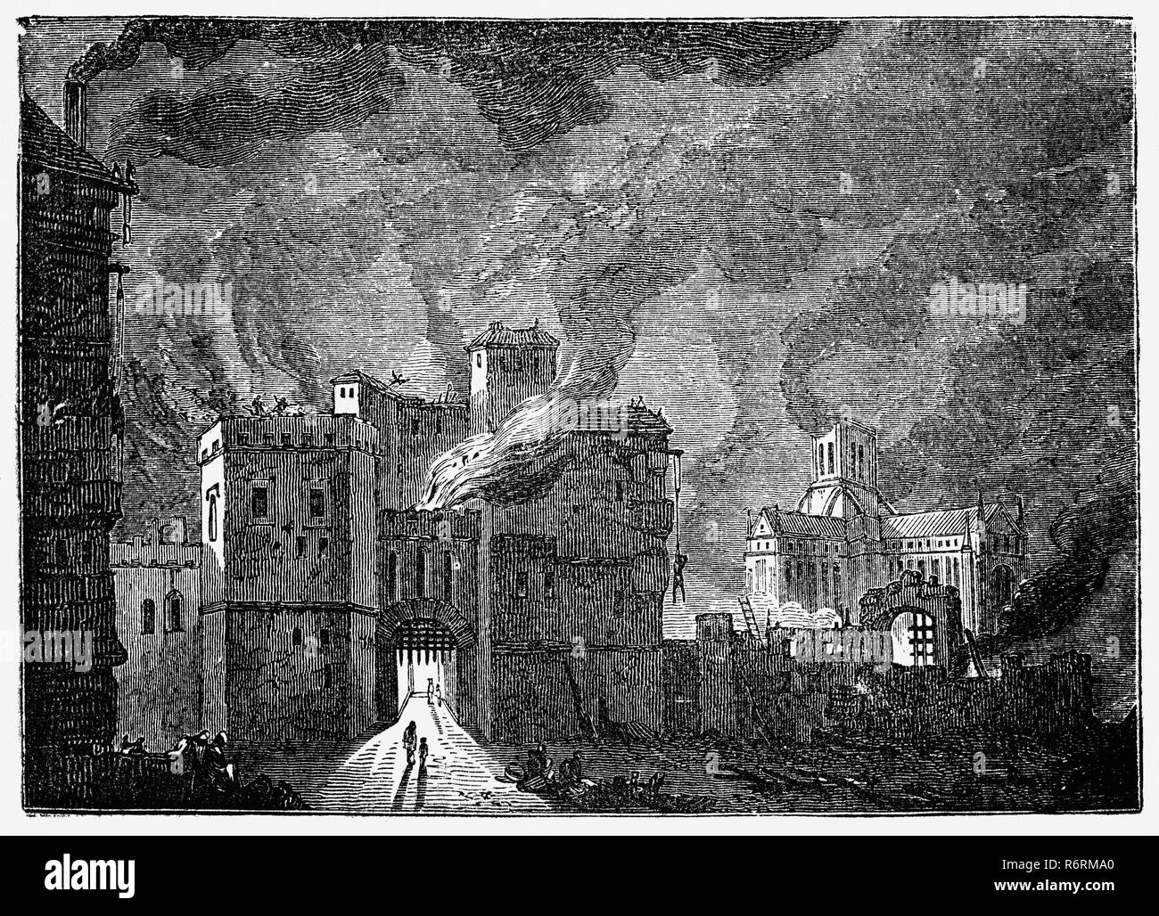 Die Gordon Unruhen von 1780 waren mehrere Tage von Ausschreitungen auf anti-katholische Gefühl. Sie fingen mit einer massiven und geordneten Protest in London gegen die Papisten Act von 1778, der offiziellen Diskriminierung gegen den britischen Katholiken zu reduzieren. Der Protest entwickelte sich zu Ausschreitungen und Plünderungen und dazu führten, dass die Verbrennung von Newgate Gefängnis an der Ecke von Newgate Street und Old Bailey innerhalb der Stadt von London, England. Malte auf der Wand von Newgate Gefängnis war die Verkündigung, daß die Insassen durch die Autorität des "Seine Majestät, König Mob" befreit worden waren, ein Begriff "King Mob 'hinten Stockfoto