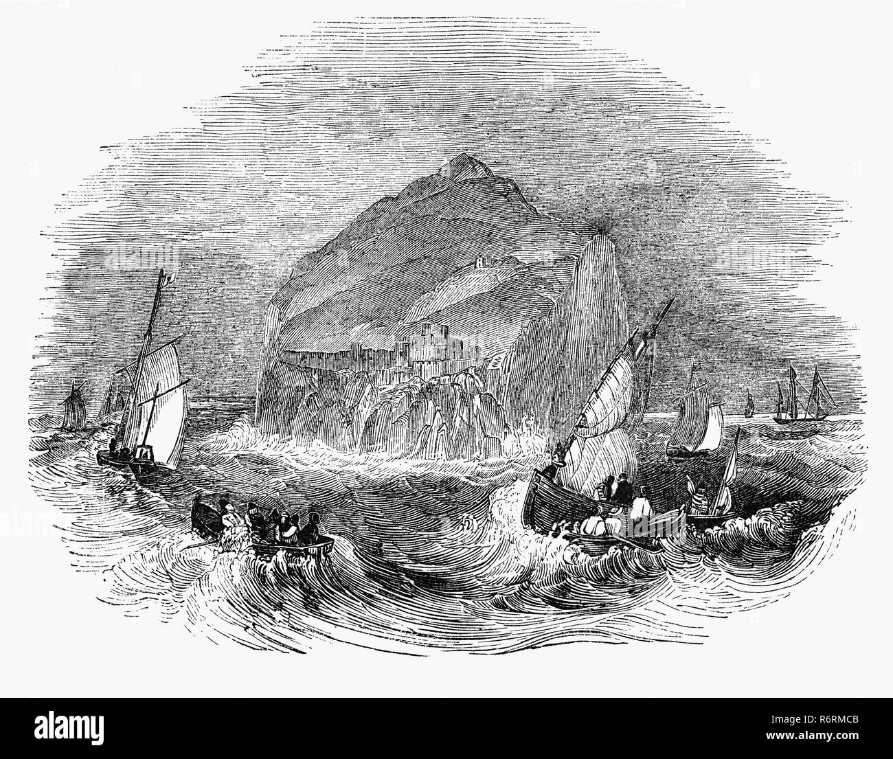 Segelboote in stürmischer See aus den Bass Rock, oder "die Bas', eine Insel, die im äußeren Teil des Firth von weiter ca. 2 Kilometer vor der Küste im Osten von Schottland. Nach Cromwell's Invasion im Jahre 1671, wurde das Schloss einen berüchtigten Gefängnis für religiöse und politische Gefangene; vor allem Covenanter ein schottischer Presbyterianer Bewegung, die ihren Namen von dem Wort Bund Bedeutung einer Band, rechtliches Dokument oder Vertrag abgeleitet, insbesondere in Bezug auf den Bund zwischen Gott und den Israeliten im Alten testement. Die Festung wurde von der Regierung im Jahre 1701 aufgegeben. Stockfoto