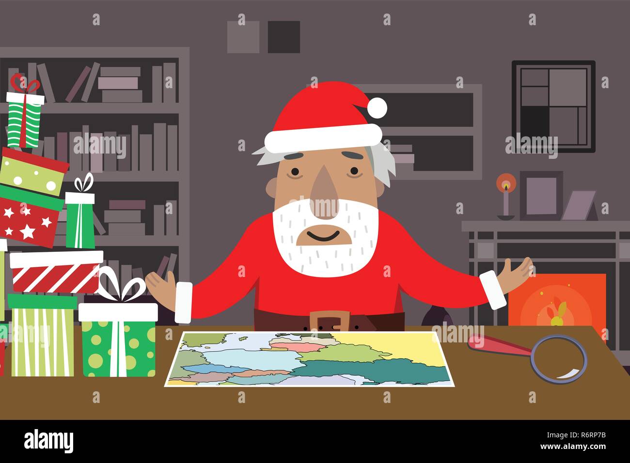 Santa Arbeitsbereich mit Karte und Lupe, Geschenkboxen, Tabelle, Regale, Kamin. Stock Vektor