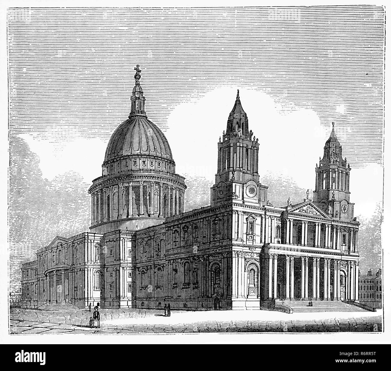 Der Nordwesten Blick auf die St. Paul's Cathedral, London, eine anglikanische Kathedrale, dem Sitz des Bischofs von London und die Mutterkirche der Diözese London. Es sitzt auf Ludgate Hill auf dem höchsten Punkt der Stadt London. Ihr Engagement in der Apostel Paulus geht zurück auf die ursprüngliche Kirche auf dieser Seite, gegründet im AD604. Die heutige Kathedrale stammt aus dem späten 17. Jahrhundert, wurde in der englischen Barock von Sir Christopher Wren. Seine Konstruktion, in Wren's Leben abgeschlossen, war Teil eines großen Wiederaufbauprogramm in der Stadt nach dem großen Brand von London. Stockfoto