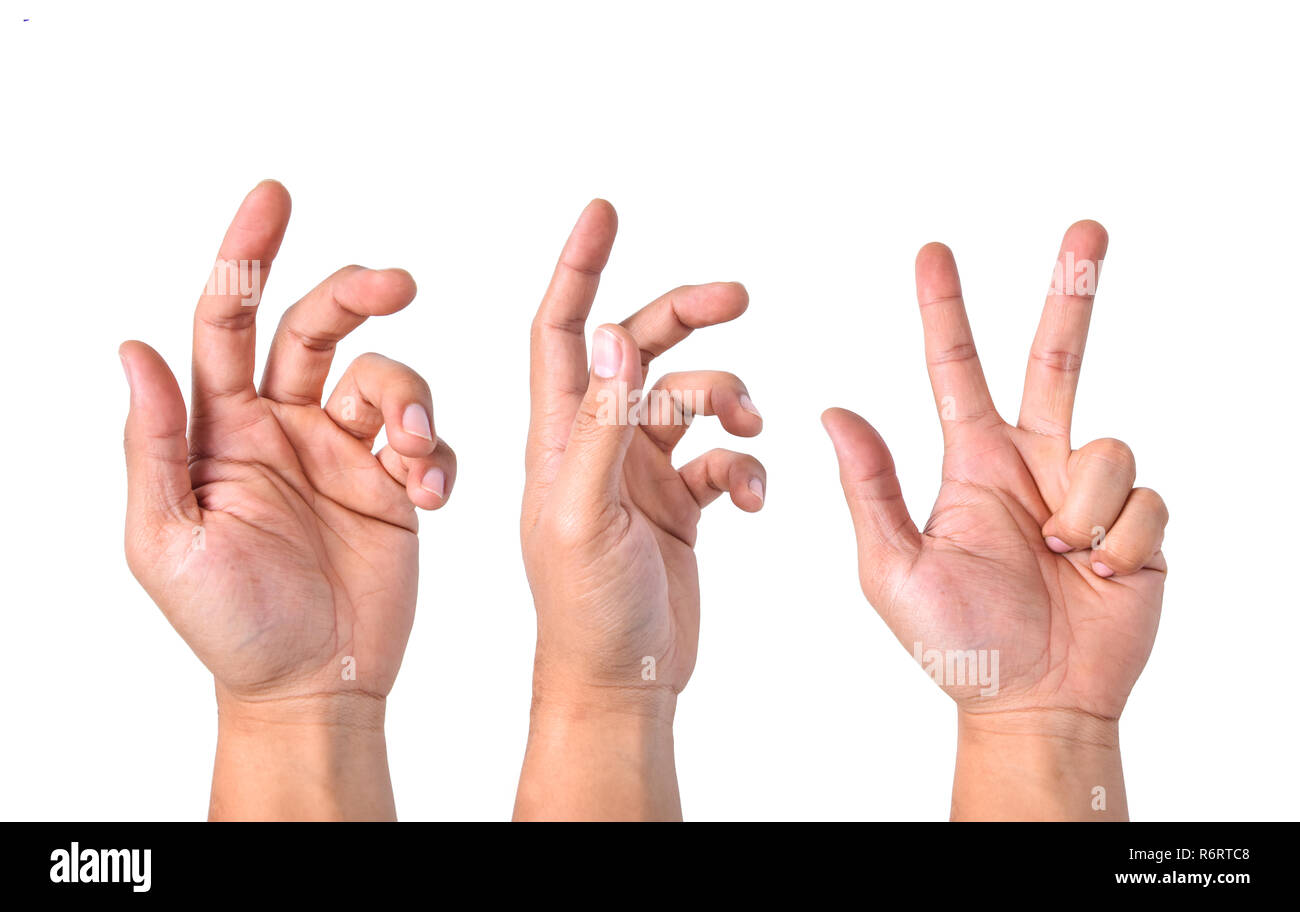 Close up Gruppe free style Hand asiatische junge Mann palm Finger auf weißem Hintergrund Stockfoto