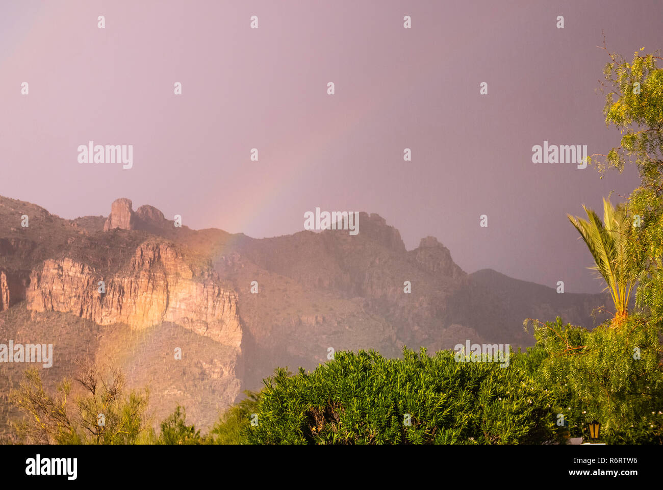 Ein leuchtender Regenbogen über dem Stadtrand von Tucson Stockfoto